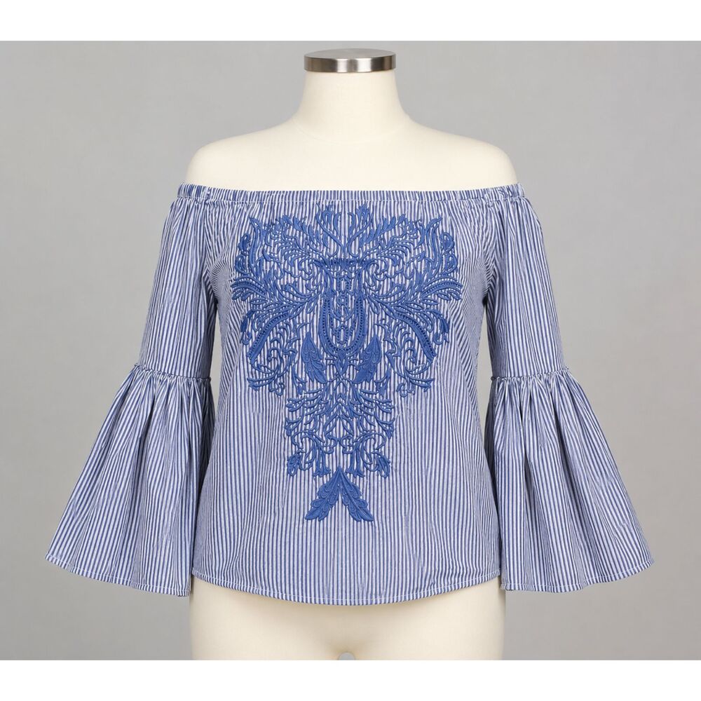 100% cotton Blue White Striped Embroidered Off Shoulder Bell Sleeve Top Med.